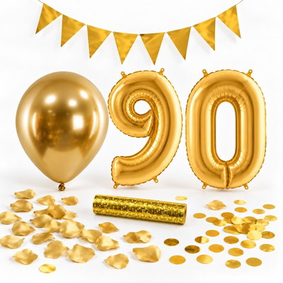 90-års festpaket, Guld, Stor – paketets dekorationer på vit bakgrund