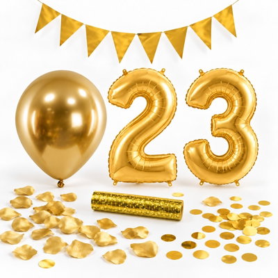 23-års festpaket, Guld, Stor – paketets dekorationer på vit bakgrund