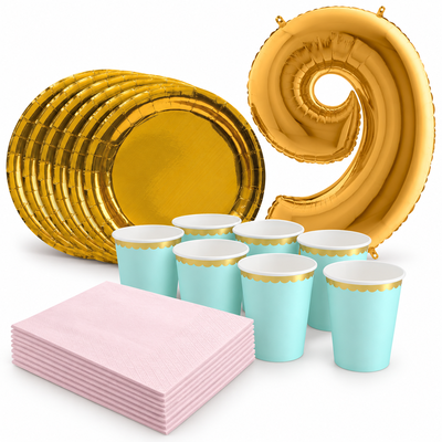 9-årskalas, Mint, rosa och guld, kalaspaket, 6 gäster – samlat paketinnehåll
