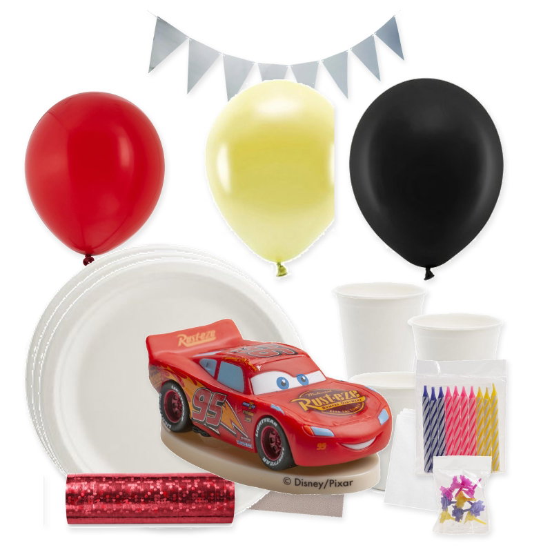 Bilar/Cars – kalaspaket för 8 gäster – röd/ljusguld/svart – samlad paketbild