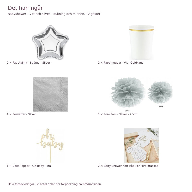Babyshower – vitt och silver – dukning och minnen, 12 gäster – innehåll och antal förpackningar