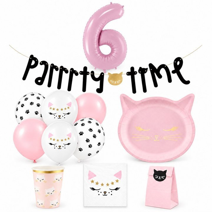 6-årskalas, Cute Cat-kalas, kalaspaket, 6 gäster – paketets innehåll