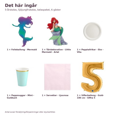 5-årskalas, Sjöjungfrukalas, kalaspaket, 6 gäster – innehåll och antal, sifferballong 100 cm