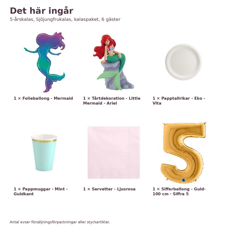 5-årskalas, Sjöjungfrukalas, kalaspaket, 6 gäster – innehåll och antal, sifferballong 100 cm