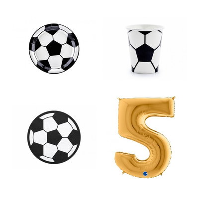 5-årskalas, Fotbollskalas, kalaspaket, 6 gäster – paketets produkter med sifferballong 100 cm