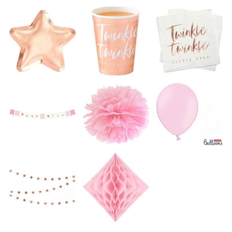 Babyshower flicka – roséguld och rosa – fika och dekorationer, 6 gäster – produktöversikt