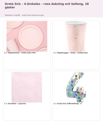 Greta Gris – 4-årskalas – rosa dukning och ballong, 18 gäster – innehåll och antal