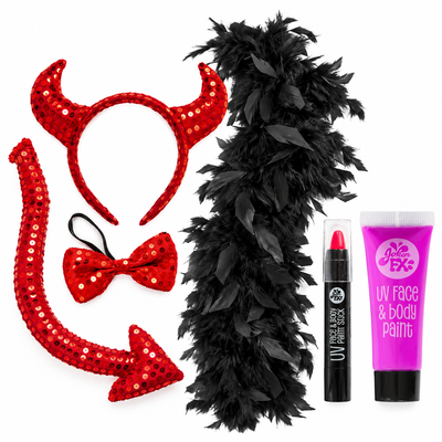 Glitterdjävul – vuxenaccessoarer med svart boa och neonmarkeringar