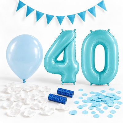 40-års festpaket, Blått, Stor – paketets dekorationer på vit bakgrund