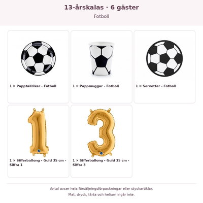 13-årskalas, Fotboll, kalaspaket, 6 gäster – innehåll och antal förpackningar