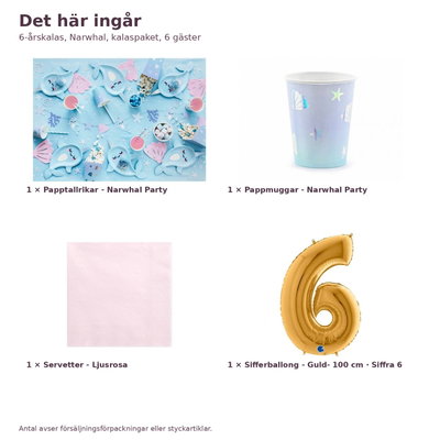 6-årskalas, Narwhal, kalaspaket, 6 gäster – innehåll och antal, sifferballong 100 cm