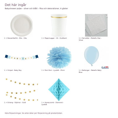 Babyshower pojke – silver och blått – fika och dekorationer, 6 gäster – innehåll och antal förpackningar