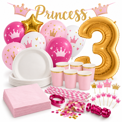 3-årskalas, Prinsesskalas, kalaspaket, 6 gäster – samlat paketinnehåll