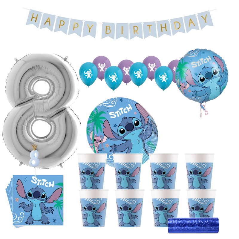 Stitch & Angel – 8-årskalas – kalaspaket för 8 gäster – paketets produkter