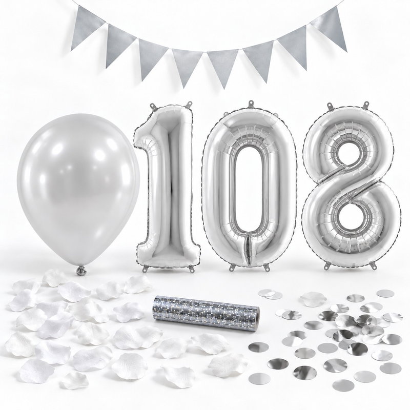 108-års festpaket, Silver, Stor – paketets dekorationer på vit bakgrund