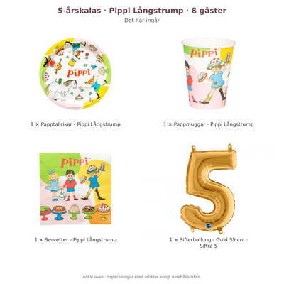 5-årskalas, Pippi Långstrump, kalaspaket, 8 gäster – innehåll och antal förpackningar