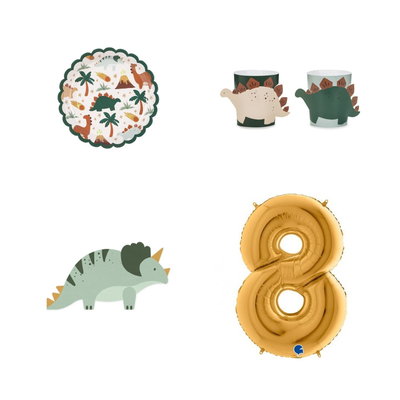 8-årskalas, Dinosauriekalas, kalaspaket, 6 gäster – paketets produkter med sifferballong 100 cm