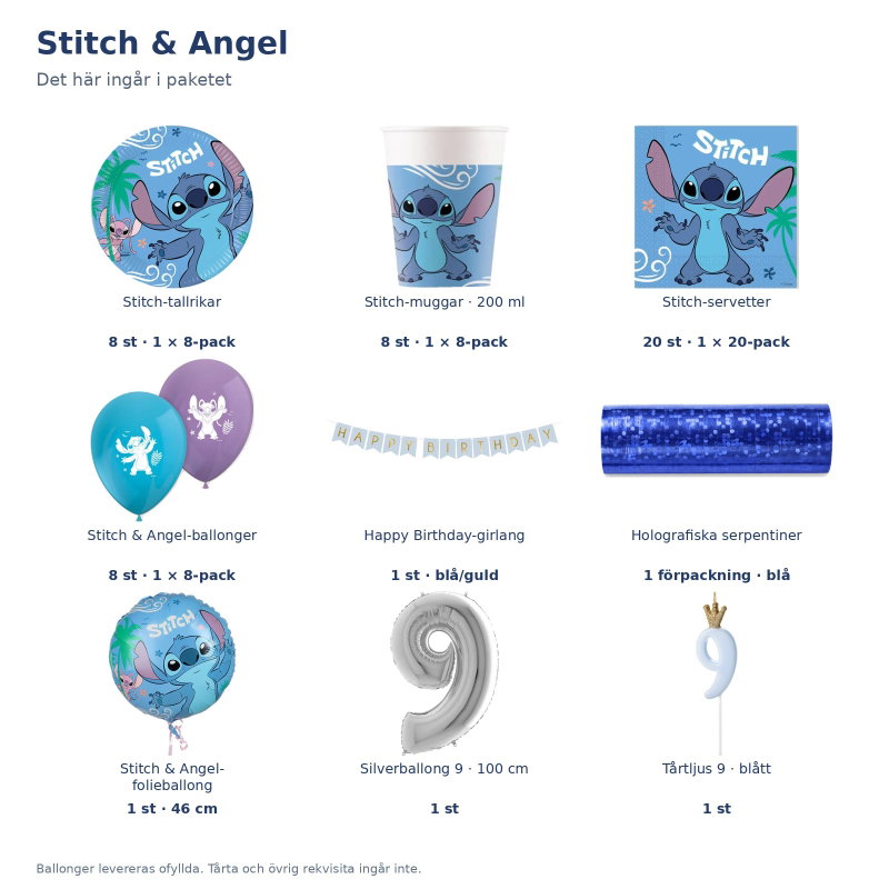 Stitch & Angel – 9-årskalas – kalaspaket för 8 gäster – innehåll och antal