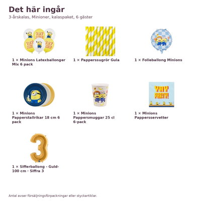 3-årskalas, Minioner, kalaspaket, 6 gäster – innehåll och antal, sifferballong 100 cm