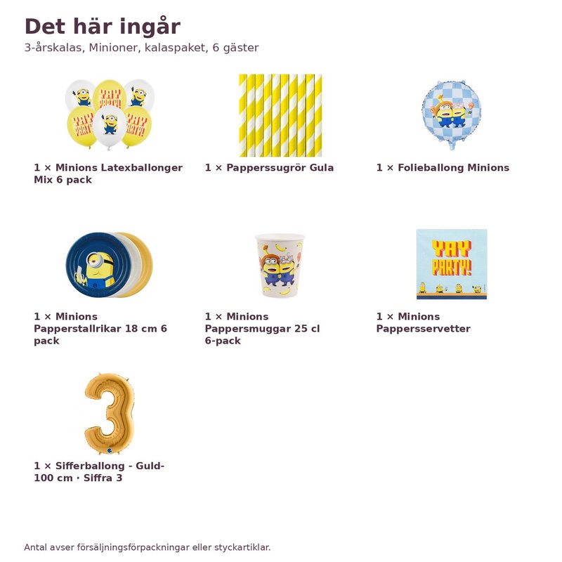 3-årskalas, Minioner, kalaspaket, 6 gäster – innehåll och antal, sifferballong 100 cm