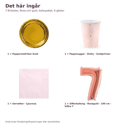 7-årskalas, Rosa och guld, kalaspaket, 6 gäster – innehåll och antal, sifferballong 100 cm