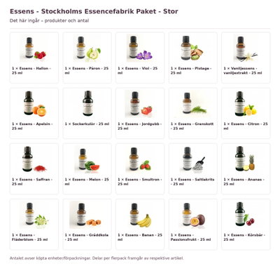 Essens - Stockholms Essencefabrik Paket - Stor – innehåll och antal förpackningar