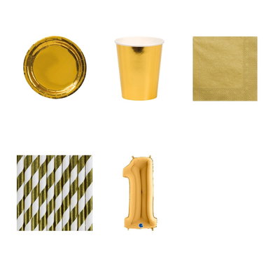 11-årskalas, Guld, kalaspaket, 8 gäster – paketets produkter med sifferballong 100 cm