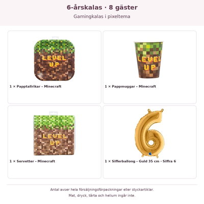 6-årskalas, Gamingkalas i pixeltema, kalaspaket, 8 gäster – innehåll och antal förpackningar