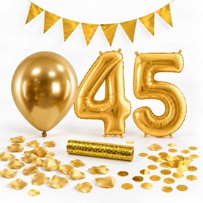 45-års festpaket, Guld, Stor – paketets dekorationer på vit bakgrund
