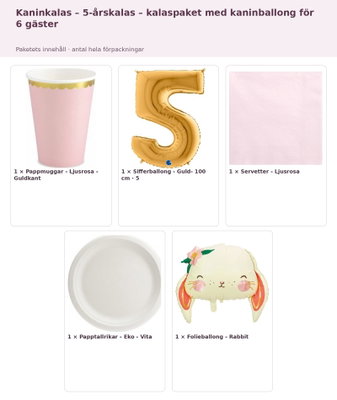 Kaninkalas – 5-årskalas – kalaspaket med kaninballong för 6 gäster – innehåll och antal