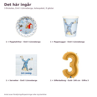 3-årskalas, Emil i Lönneberga, kalaspaket, 8 gäster – innehåll och antal, sifferballong 100 cm