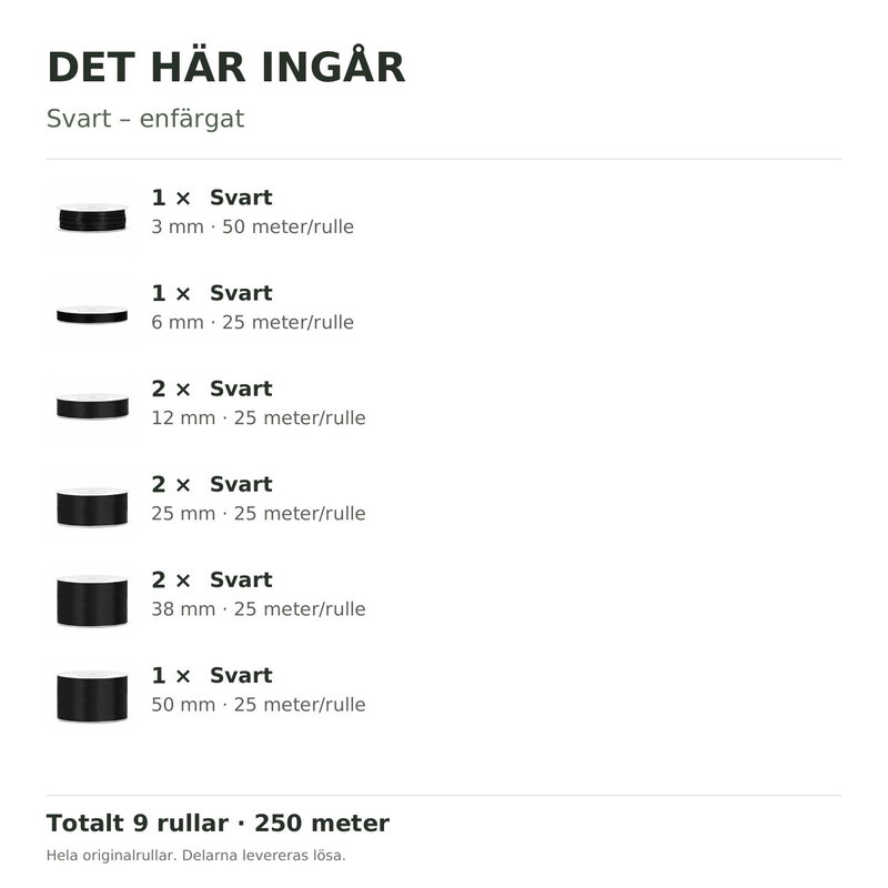 Det här ingår – Satinbandspaket – Svart – 9 rullar
