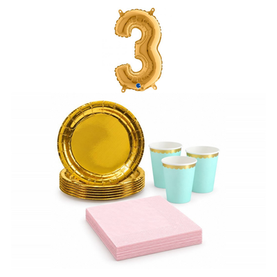 3-årskalas, Mint, rosa och guld, kalaspaket, 6 gäster – sammansatt bild av paketets produkter