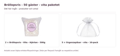 Bröllopsris - 50 gäster - vita paketet – innehåll och antal förpackningar