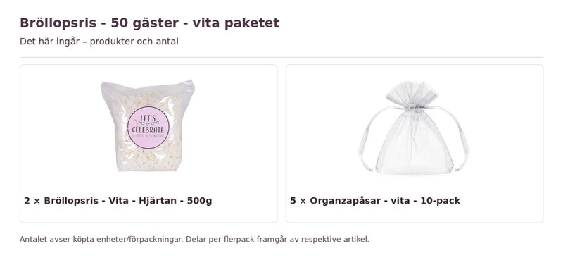 Bröllopsris - 50 gäster - vita paketet – innehåll och antal förpackningar