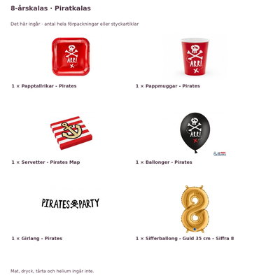 8-årskalas, Piratkalas, kalaspaket, 6 gäster – innehåll och antal förpackningar