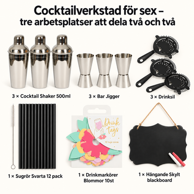 Cocktailverkstad för sex – tre arbetsplatser att dela två och två – innehåll och antal försäljningsförpackningar