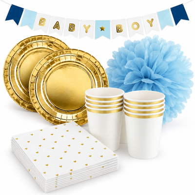 Babyshower pojke – guld och blått – fikapaket, 12 gäster – samlat paketinnehåll