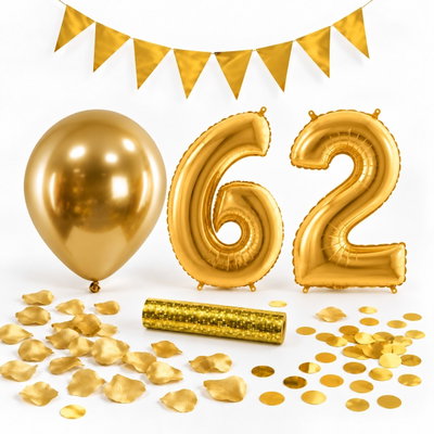 62-års festpaket, Guld, Stor – paketets dekorationer på vit bakgrund