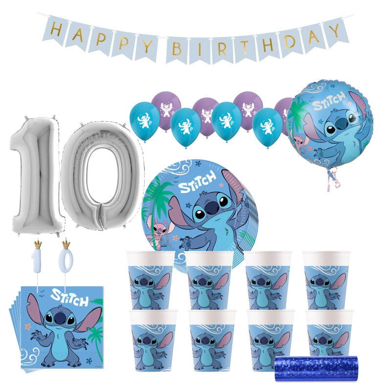 Stitch & Angel – 10-årskalas – kalaspaket för 8 gäster – paketets produkter