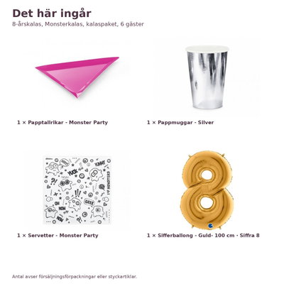 8-årskalas, Monsterkalas, kalaspaket, 6 gäster – innehåll och antal, sifferballong 100 cm