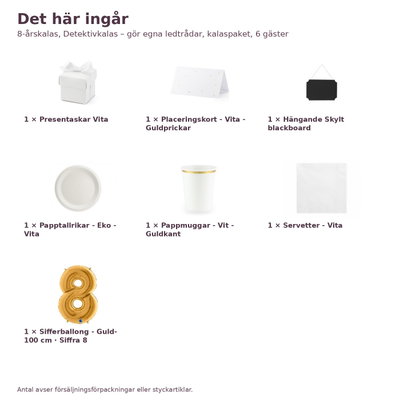 8-årskalas, Detektivkalas – gör egna ledtrådar, kalaspaket, 6 gäster – innehåll och antal, sifferballong 100 cm