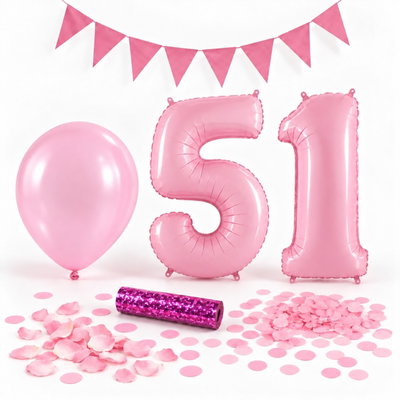 51-års festpaket, Rosa, Stor – paketets dekorationer på vit bakgrund