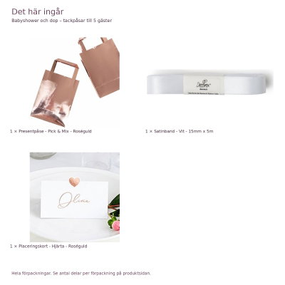 Babyshower och dop – tackpåsar till 5 gäster – exakt innehåll och antal förpackningar