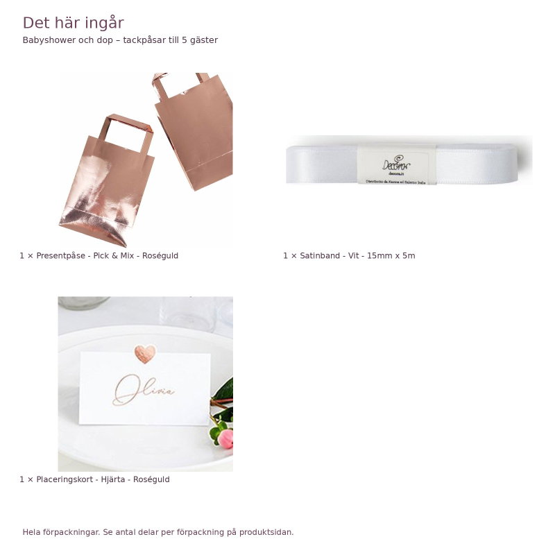 Babyshower och dop – tackpåsar till 5 gäster – exakt innehåll och antal förpackningar
