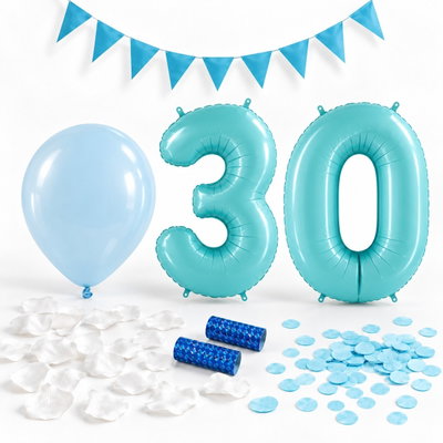 30-års festpaket, Blått, Stor – paketets dekorationer på vit bakgrund