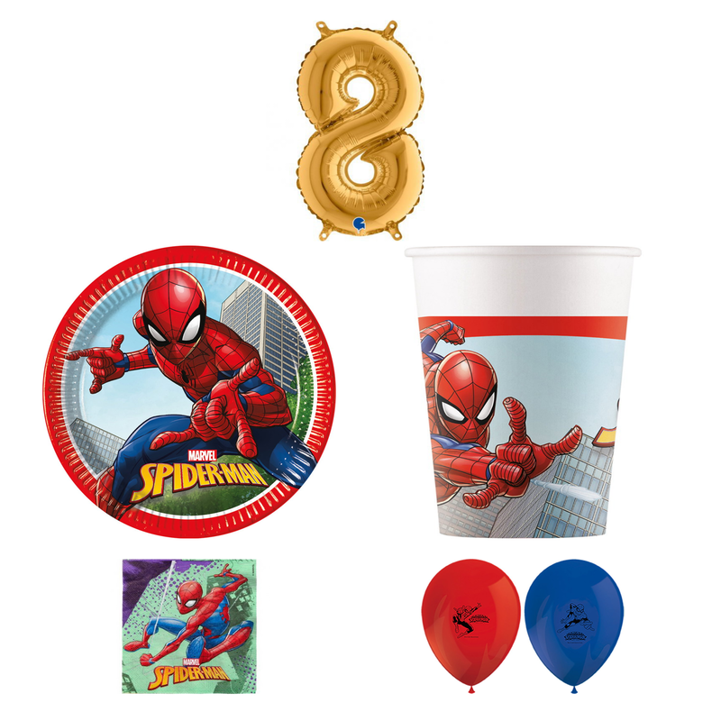 8-årskalas, Spiderman, kalaspaket, 8 gäster – sammansatt bild av paketets produkter