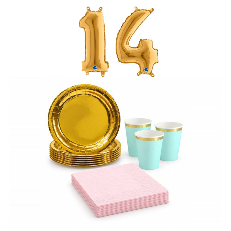 14-årskalas, Mint, rosa och guld, kalaspaket, 6 gäster – sammansatt bild av paketets produkter