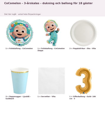 CoComelon – 3-årskalas – dukning och ballong för 18 gäster – innehåll och antal