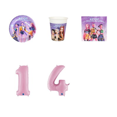 14-årskalas, K-pop, kalaspaket, 8 gäster – paketets produkter med sifferballong 100 cm
